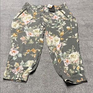 Chaser Olive Green Floral Jogger Pants with Pink & Cream Flowers